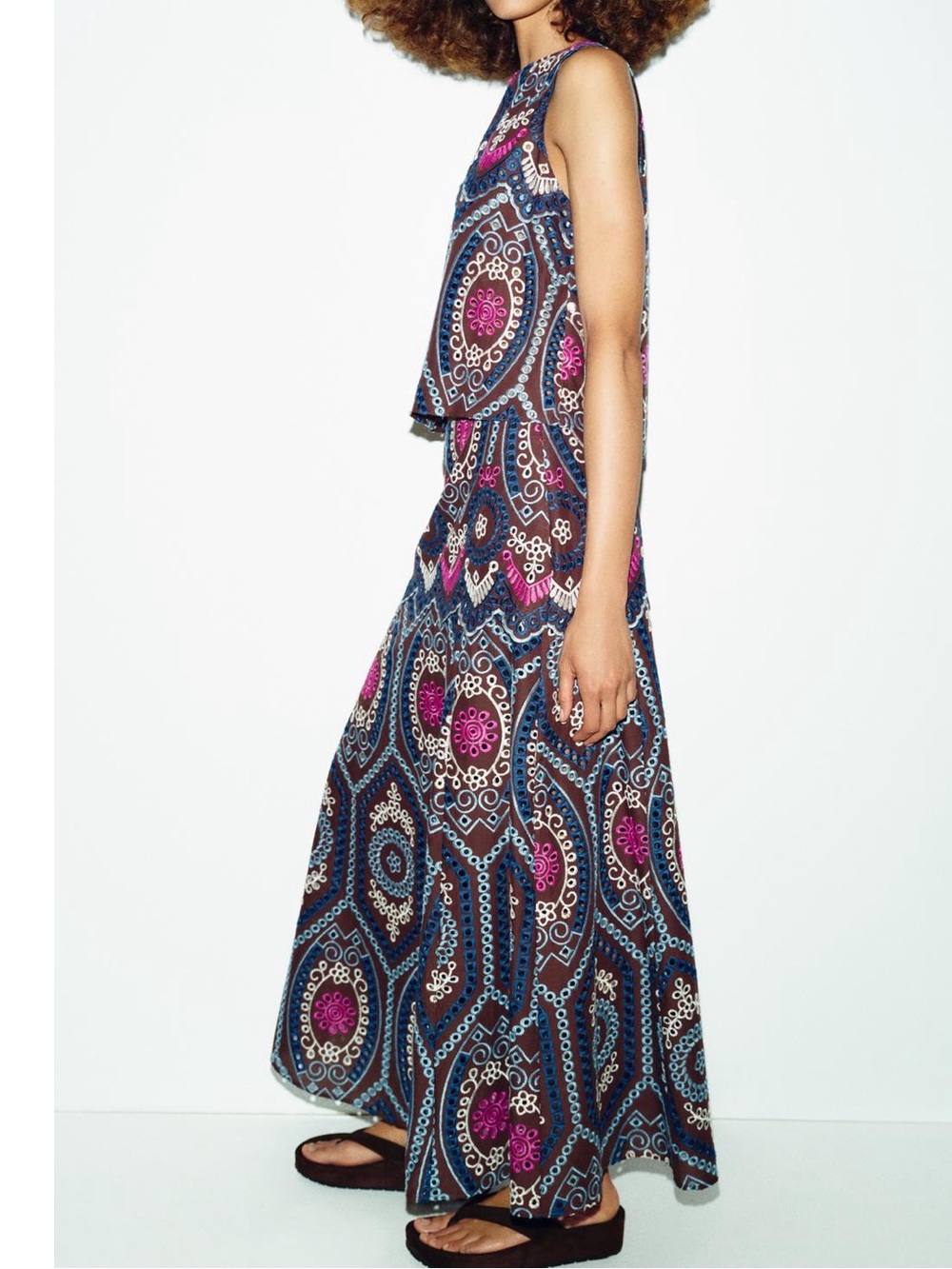 Zara Embroidered Eyelet A-Line Madi  Skirt in Brown with Blue & Pink Accent - Picture 5 of 9